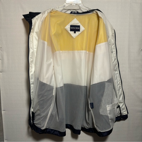 South Creek Raincoat Wind Breaker Color Block Yellow Blue White 1XB Hood NWOT - Picture 2 of 14
